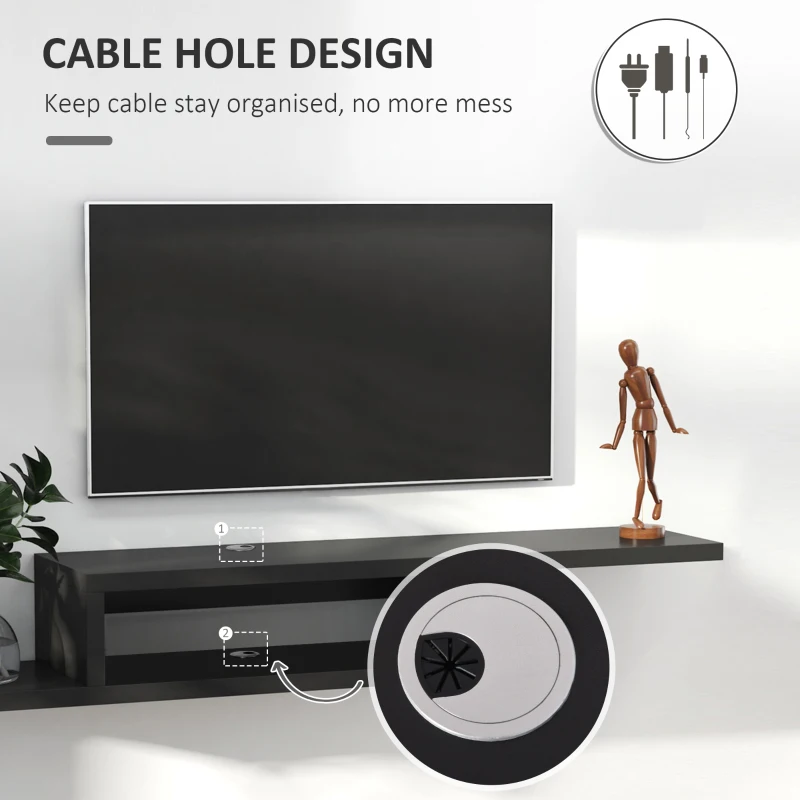 HOMCOM Floating TV Unit, Wall Mounted TV Stand with Open Shelf and 2 Cable Holes, Entertainment Unit for Living Room, Black