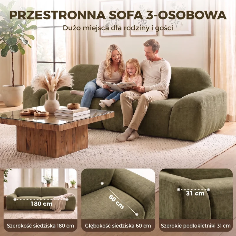 HOMCOM Sofa 3-osobowa, zaokrąglona i bezramowa, z przestronnym siedziskiem, grubo tapicerowana, bez montażu, Ciemnozielony