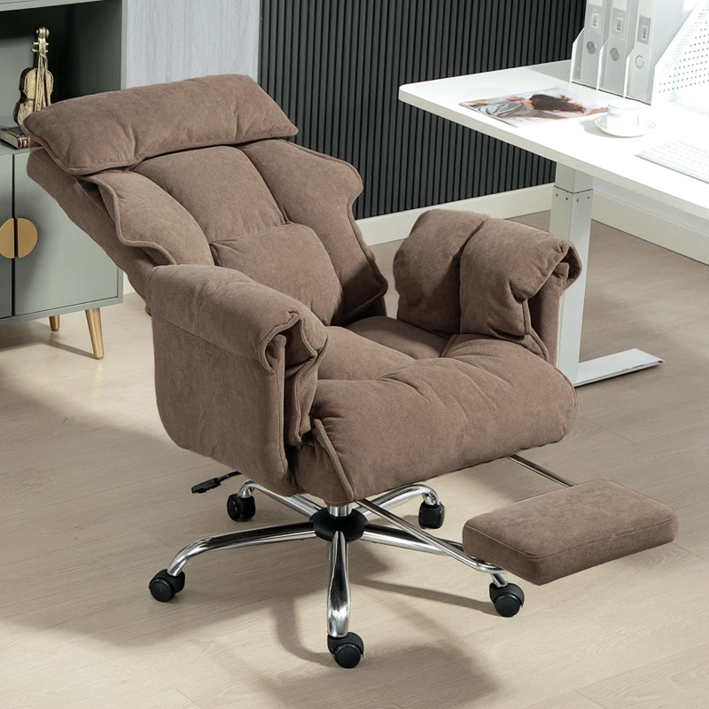 HOMCOM Cadeira de escritório ergonómica, encosto reclinável, apoio para os pés, tecido macio, castanho claro