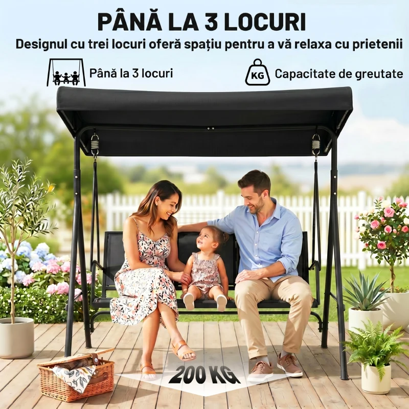 Outsunny Leagăn de Grădină pentru 3 Persoane cu Acoperiș, Șezut Respirabil și Cadru din Oțel, Negru