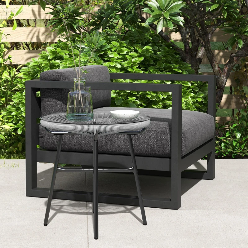Outsunny Mesa Auxiliar de Ratán Sintético Redonda para Exteriores con Encimera de Vidrio Templado Ø50x50 cm Gris