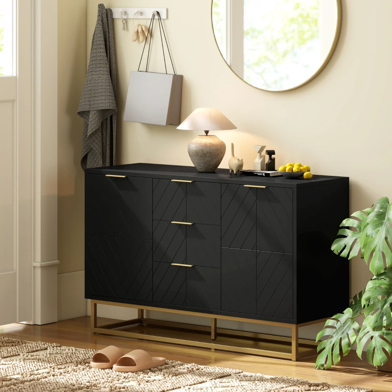 HOMCOM Buffet design contemporain graphique 2 placards porte étagères réglables 3 tiroirs coulissants en bois noir métal doré