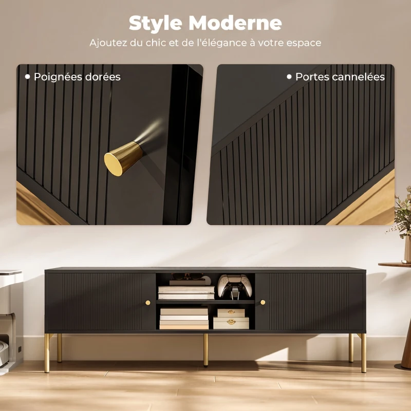 HOMCOM Meuble TV pour Télévision jusqu'à 65", Portes Cannelées, Compartiments Ouverts, Pieds Acier, 140 x 38 x 45,9 cm, Noir