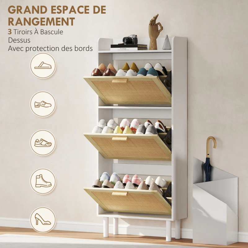 HOMCOM Meuble à chaussures 3 portes abattants étagère effet résine tressée design bohème 65 x 24,5 x 153 cm blanc