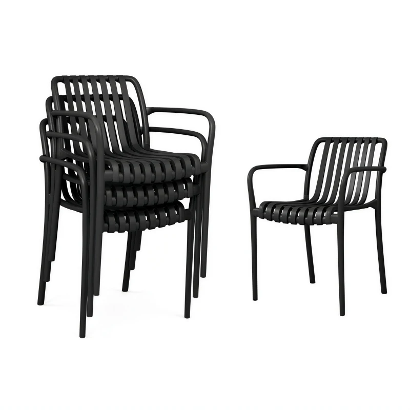 Outsunny Lot de 4 Chaises de Jardin Empilables avec Dossier Incurvé et Accoudoirs, pour Piscine Terrasse, 55x58,5x81,5cm, Noir
