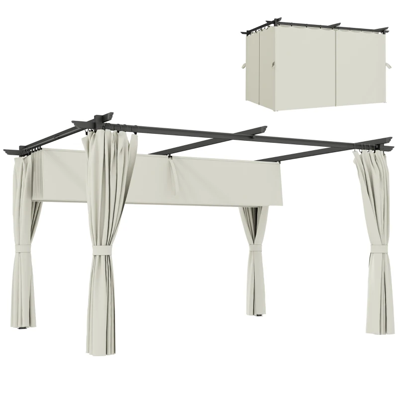 Outsunny Pergola 3 x 3 m avec Auvent Rétractable et Rideaux, Abri de Soleil UPF30+ pour Jardin, Terrasse, Extérieur