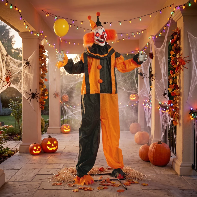 HOMCOM 190cm Life Size Animated Clown Halloween Decoration, Scary Halloween Animatronics Decor with Sound Touch Activated