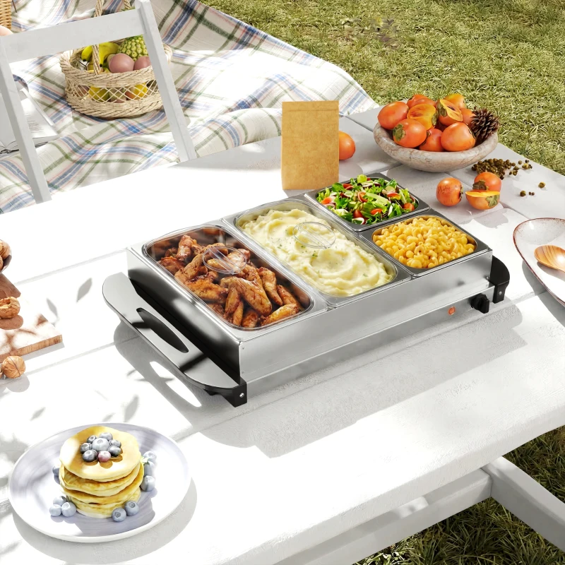 HOMCOM 4 Tray Electric Food Warmer Buffet Server with Warming Plate, Cool Touch Handles, Adjustable Temperature, 300W, 2 x 2.4L and 2 x 1L Pans