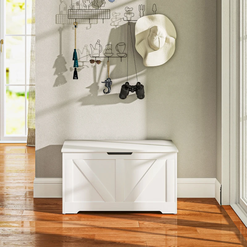 HOMCOM Coffre de rangement, banc de rangement avec couvercle rabattable et charnières de sécurité, 80 x 40 x 45 cm, blanc