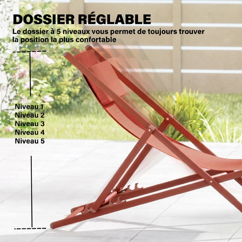 Outsunny Lot de 2 bain de soleil, chaise longue pliante avec appuie-tête en textilène inclinable 60 x 100 x 85 cm, rouge brique