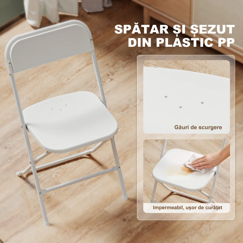HOMCOM, Set de 4 Scaune Pliabile, Cu Orificii de Drenaj, Din Plastic și Metal, 45x49x79.5 cm, Alb