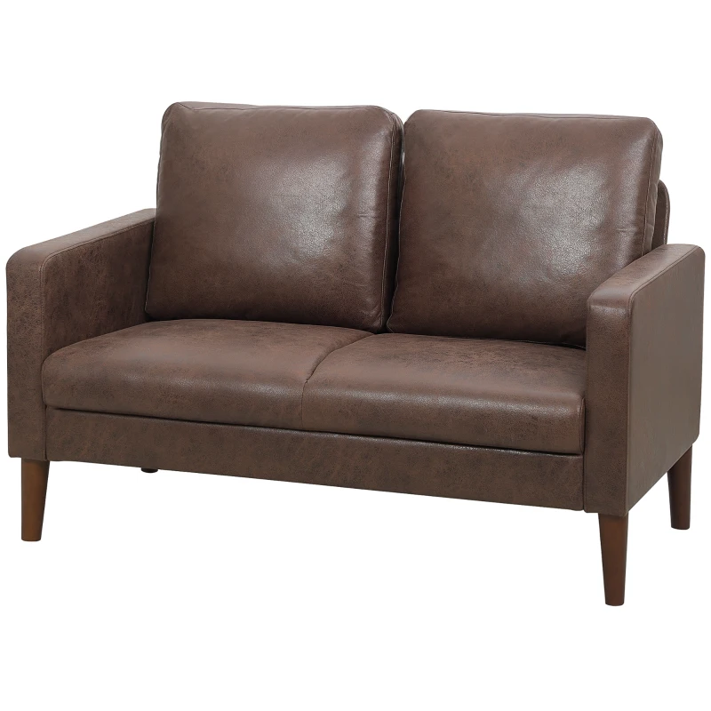 HOMCOM Canapea modernă cu 2 locuri, tapițerie din material textil cu aspect de piele respirabilă și picioare din lemn, 130x78x85 cm, maro închis