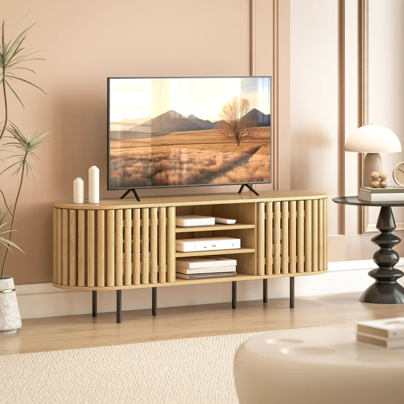 HOMCOM Meuble TV, meuble télé pour téléviseur 60 pouces, 2 portes à lattes, 140x40x52cm, bois naturel