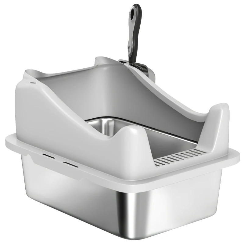 PawHut Bac à litière en acier inoxydable, maison de toilette pour chat, bords hauts, nettoyage facile, 43,1x33,2x25,4cm, gris