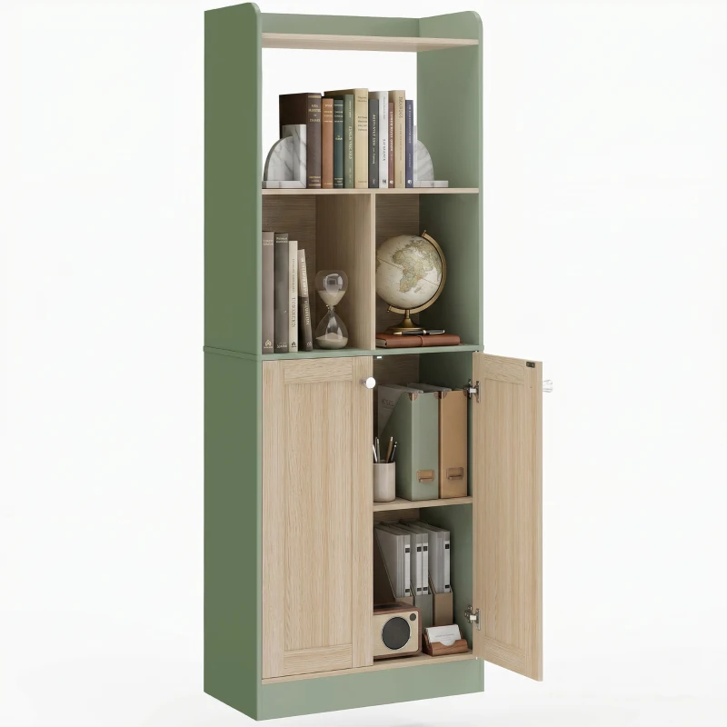 HOMCOM Bibliothèque à 5 niveaux, meuble de rangement, étagère à livres avec 2 portes, 60 x 30 x 161,2 cm vert et bois naturel
