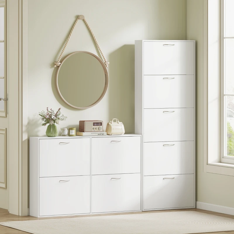 HOMCOM Meuble à chaussures 15 paires, armoire à chaussures étroite moderne avec 5 tiroirs rabattables, 65 x 17 x 180,5 cm blanc(m-7)