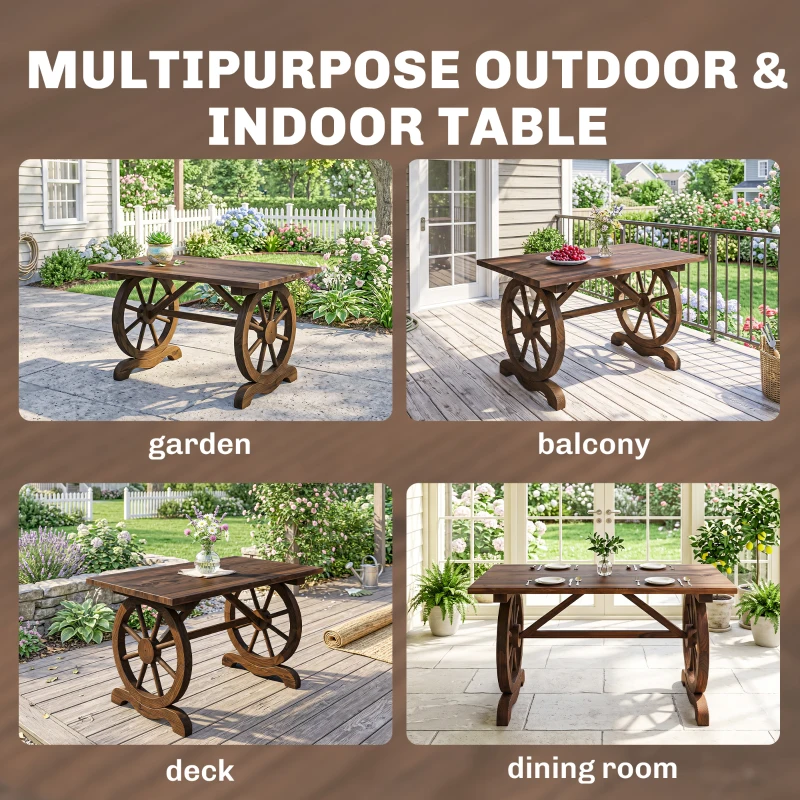 Outsunny Wooden Garden Dining Table, Wagon Wheel Outdoor Coffee Table with 3 cm Wood Top for Patio, Balcony, Terrace, 110 x 60 x 65 cm, Carbonised Finish