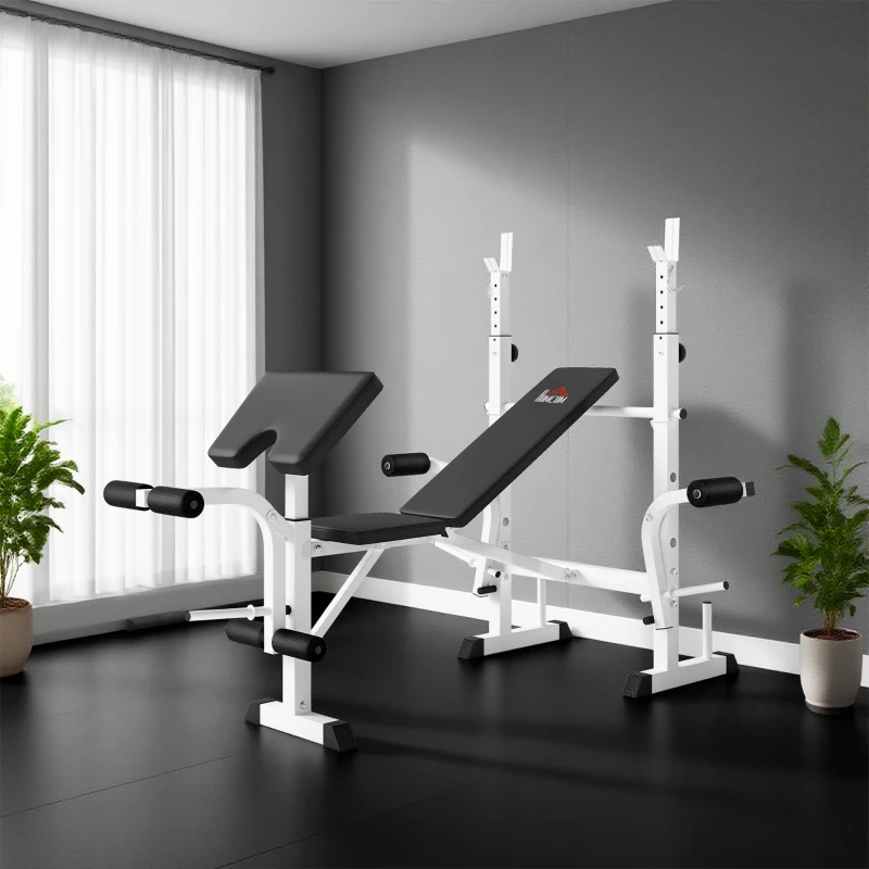 HOMCOM Banco de Musculación Inclinable con Soporte para Barra Ajustable Extensión de Piernas y Curl de Predicador para Gimnasio