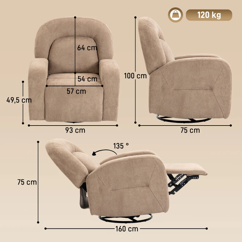 HOMCOM Relaxsessel, 360° Drehbarer Liegesessel mit Wolkenweichem Samtstoff, Breitem Sitz, für Wohnzimmer, Khaki