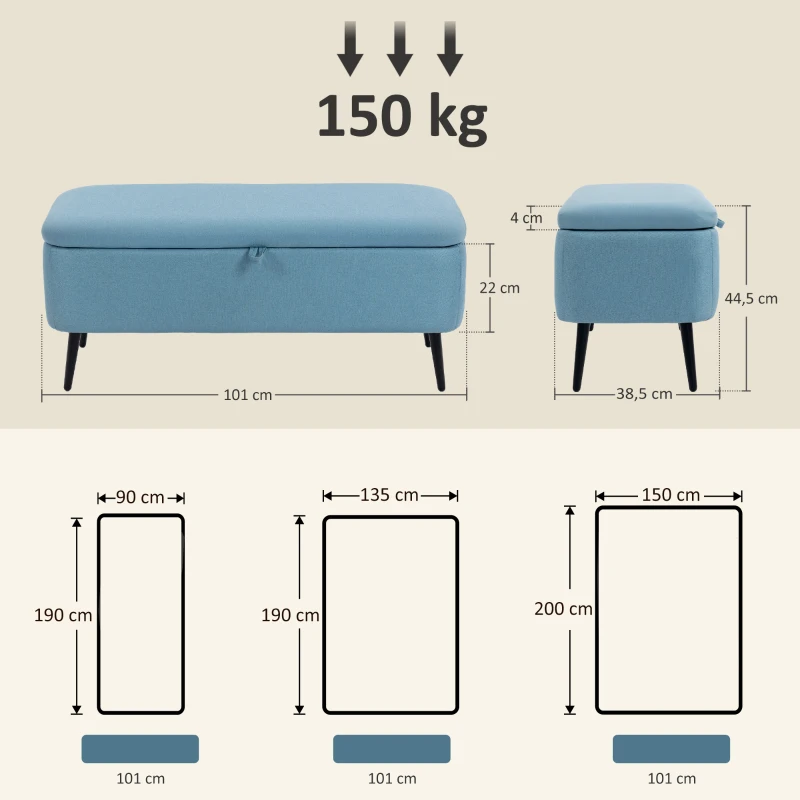 HOMCOM Banco de Almacenaje con Tapa Abatible y Patas de Acero para Dormitorio Salón Entrada 101x38,5x44,5 cm Azul Claro