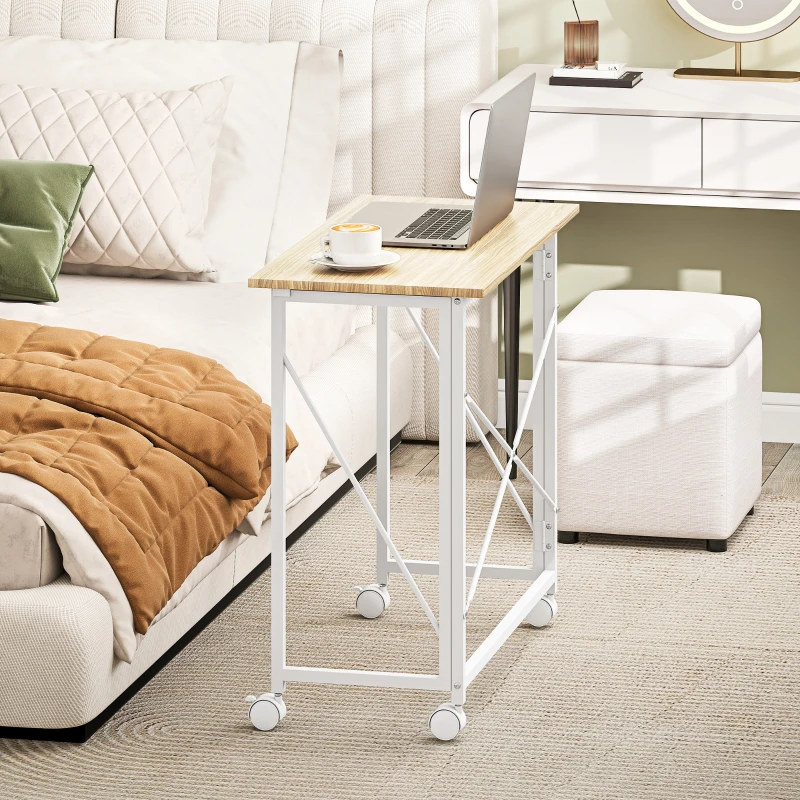 HOMCOM Klappbarer Schreibtisch mit Rädern, platzsparend, Stahl, MDF, Natur