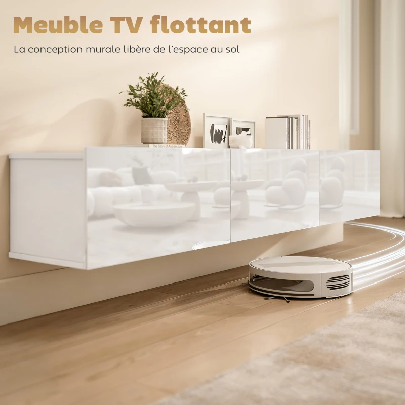 HOMCOM Meuble TV Suspendu 180 cm, Meuble télé pour téléviseur jusqu'à 82 Pouces 3 Portes Rabattables à Fermeture Douce, Blanc