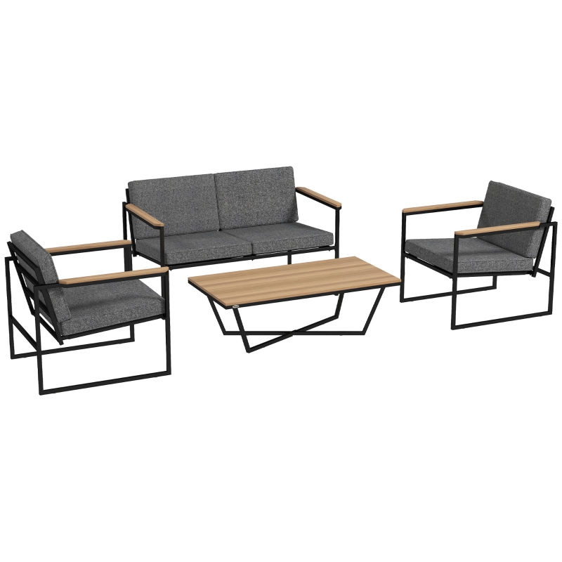 Outsunny Gartenmöbel Set 4 Personen wetterfest Balkonmöbel-Set mit 2er Sofa, 2 Stühle Sitzkissen Beistelltisch Grau