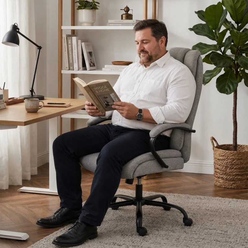 Vinsetto Cadeira de escritório, Cadeira executiva ergonômica até 220 kg, Cadeira acolchoada com apoio de braços, assento largo, cadeira giratória regulável com função de balanço, aparência linho, Cinza claro