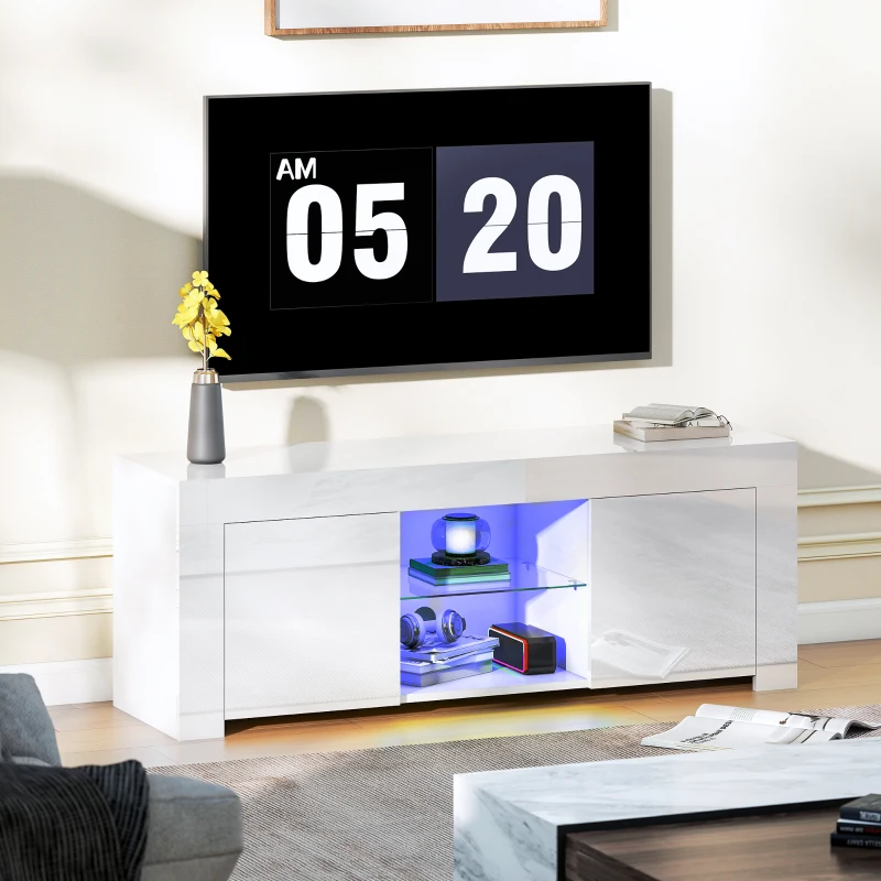 HOMCOM Móvel de TV com iluminação LED, 2 portas, prateleira de vidro, orifícios para cabos, para sala, painel de partículas, Branco