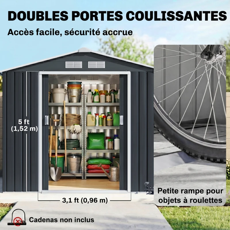 Outsunny Abri de Jardin 2,77 m² - Remise pour Outils avec Fondation - cabanon Porte verrouillable - tôle d'acier Gris