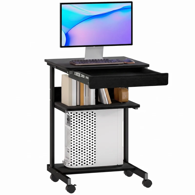 HOMCOM Roll-Schreibtisch mit Schublade und Regalen, 4 Räder, kompakt, Spanplatte, Metall