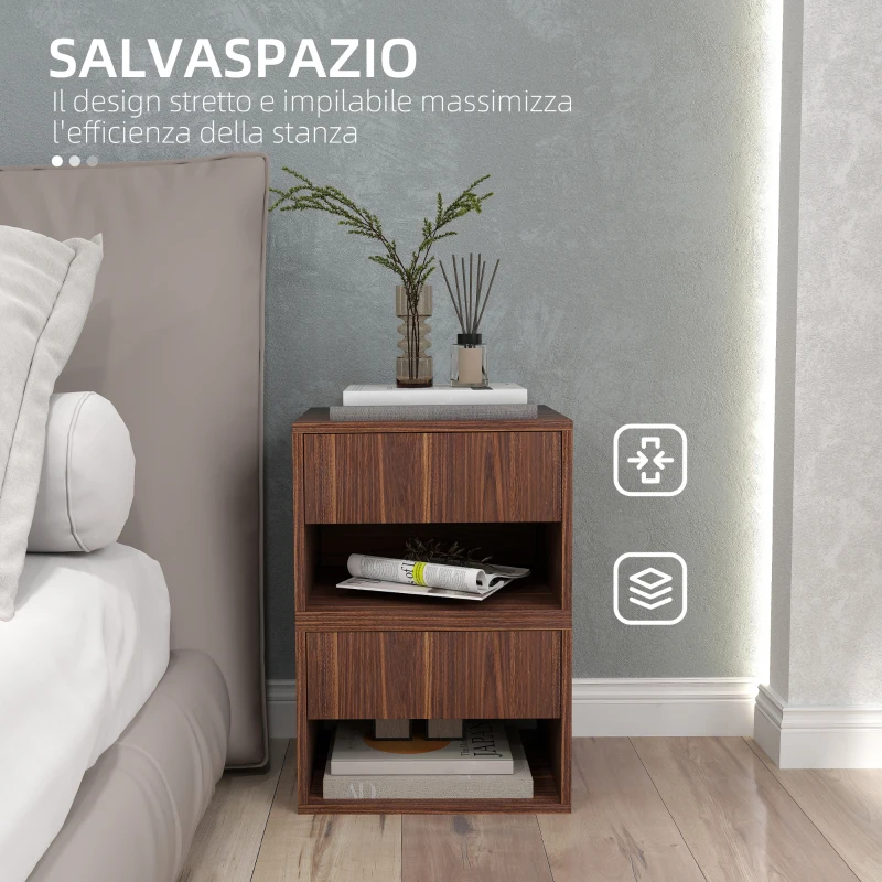 HOMCOM Set 2 Comodini Sospesi con Cassetto e Ripiano Inferiore Aperto, in Legno, 40x34x29 cm, Marrone
