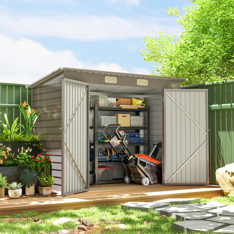 Outsunny Galpão de Jardim Metálico Abrigo de Ferramentas Porta Dupla 249x121x166/183 cm Cinza Claro