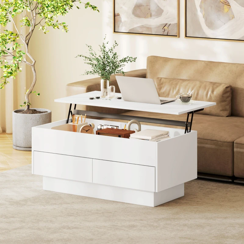 HOMCOM Mesa de centro elevável, mesa de sala com compartimento oculto e 2 gavetas, 100 x 50 x 44 cm, branco