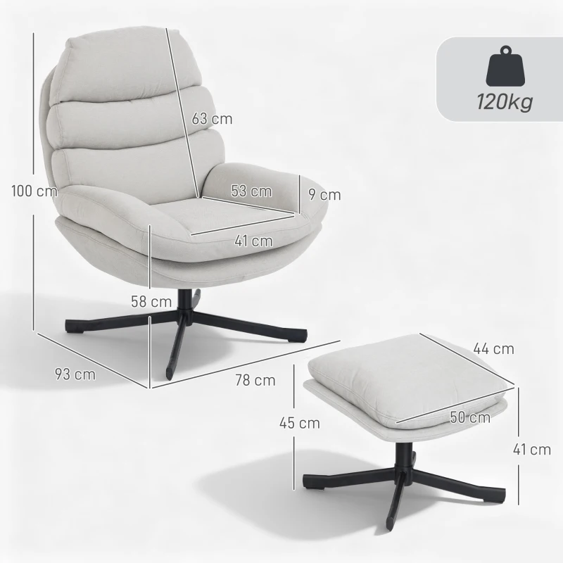 HOMCOM Poltrona Relax com Puff Poltrona Lounge em Tecido Chenille Poltrona de TV Moderna 78 x 93 x 100 cm Creme Branco
