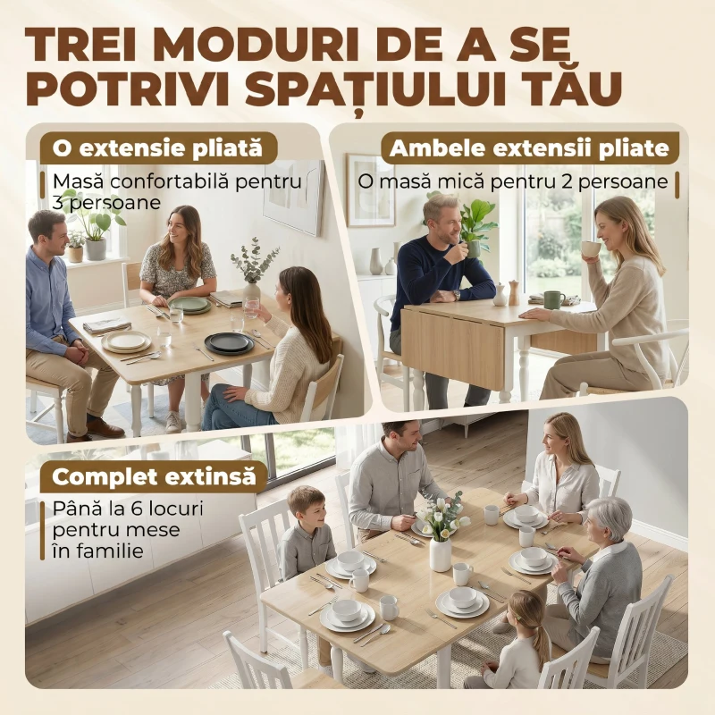 HOMCOM Masă Pliabilă pentru 2-6 Persoane, Extensibilă, Efect de Lemn, Finisaj Natural
