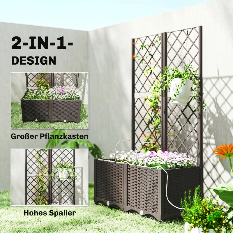 Outsunny 2er Set Spalier mit Pflanzkasten Blumenkasten mit Drainageloch Timer Bewässerungssystem 80 x 40 x 136 cm Braun