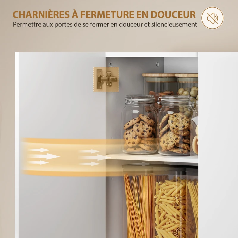 HOMCOM Buffet haut cuisine, armoire de cuisine, 4 portes à fermeture douce et étagères réglables, 68x34x180cm, blanc brillant