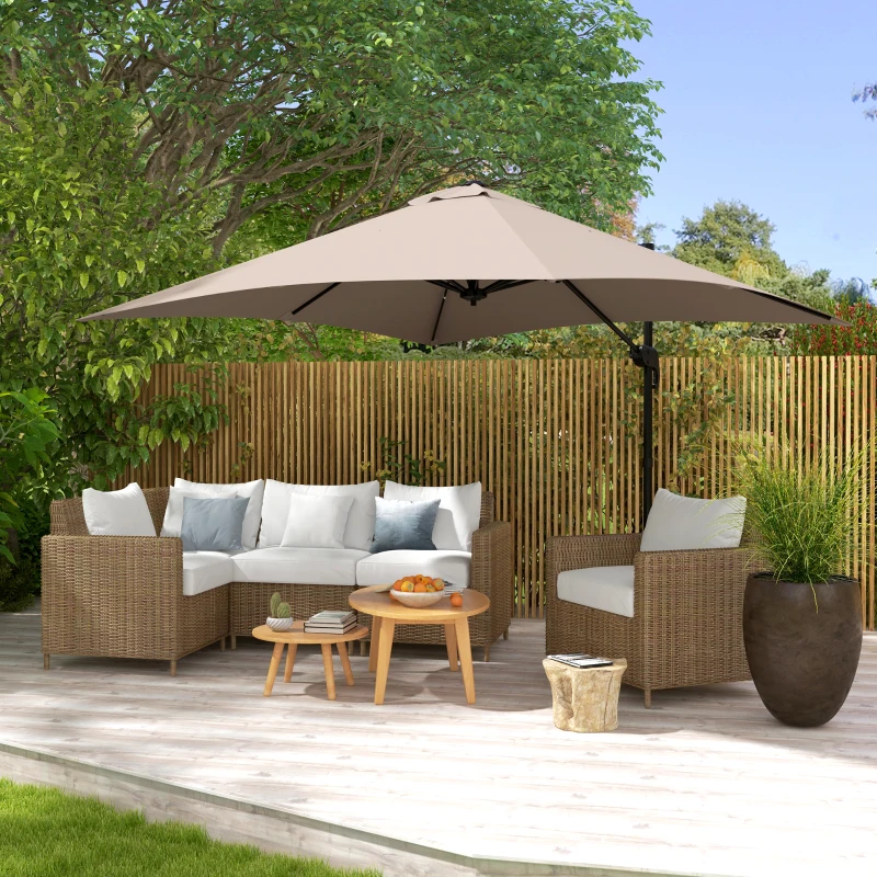 Outsunny Ombrellone 3x3 m a Braccio con 8 Stecche, Pedale e Manovella, in Alluminio e Poliestere, color Khaki