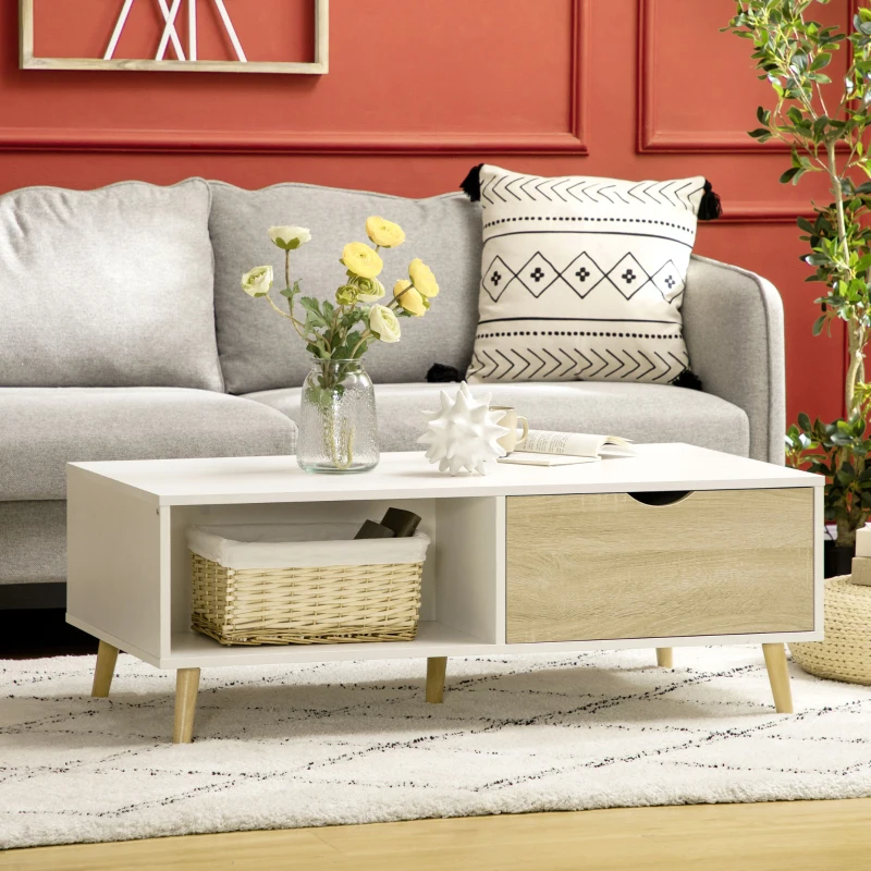 HOMCOM Mesa de Centro Rectangular Mesa con 2 Cajones y Compartimientos Abiertos Estilo Nórdico 106x58x39,5 cm Blanco