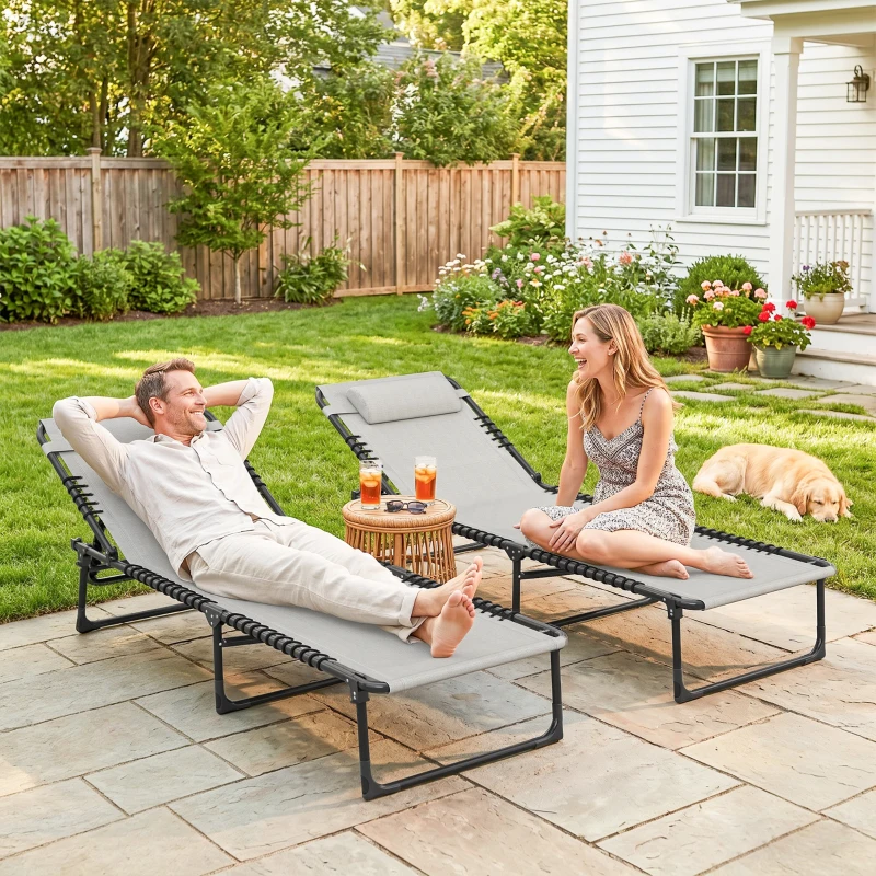 Outsunny Lot de 2 bain de soleil transat pliable dossier inclinable multi-positions acier lacets élastiques textilène crème