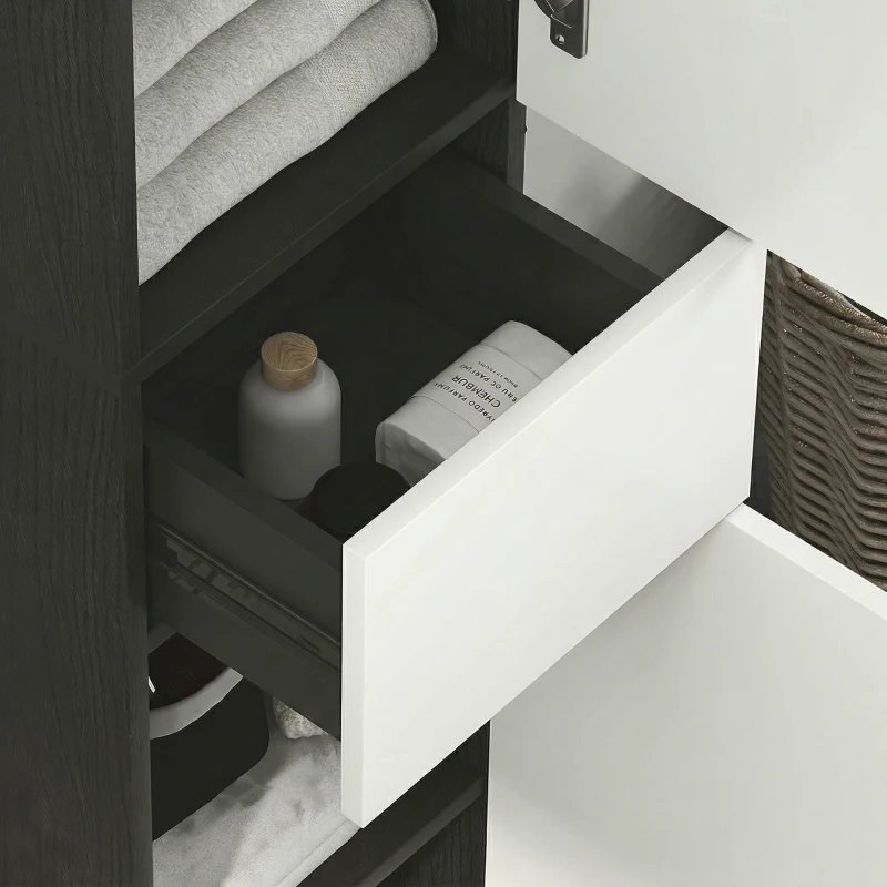kleankin Colonna Bagno Salvaspazio in Legno con 2 Armadietti e Cassetto, 30x28x180 cm, Nero