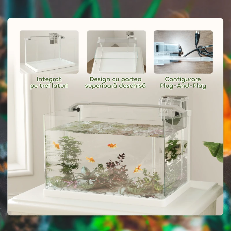 PawHut Acvariu din sticlă cu lumini LED de 20L, filtru și pompă de apă, 38x26x27 cm, alb