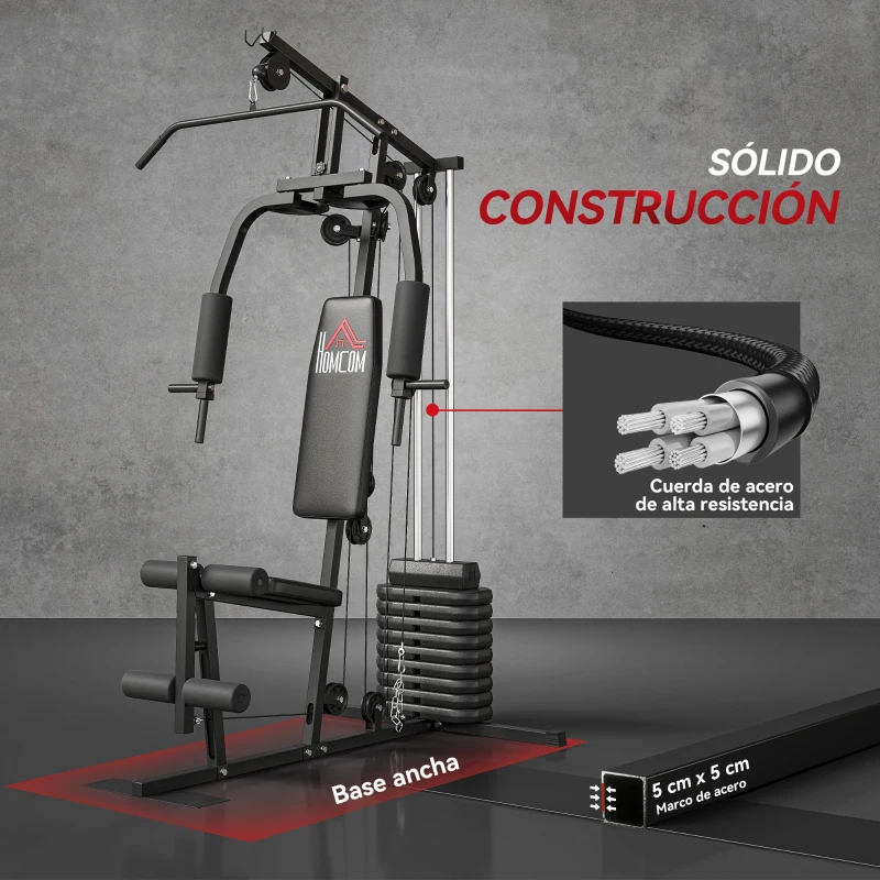 HOMCOM Máquina de Musculación con Pesas Ajustables de 45 kg Prensa de Pecho y Piernas Polea 135x103x200 cm Negro