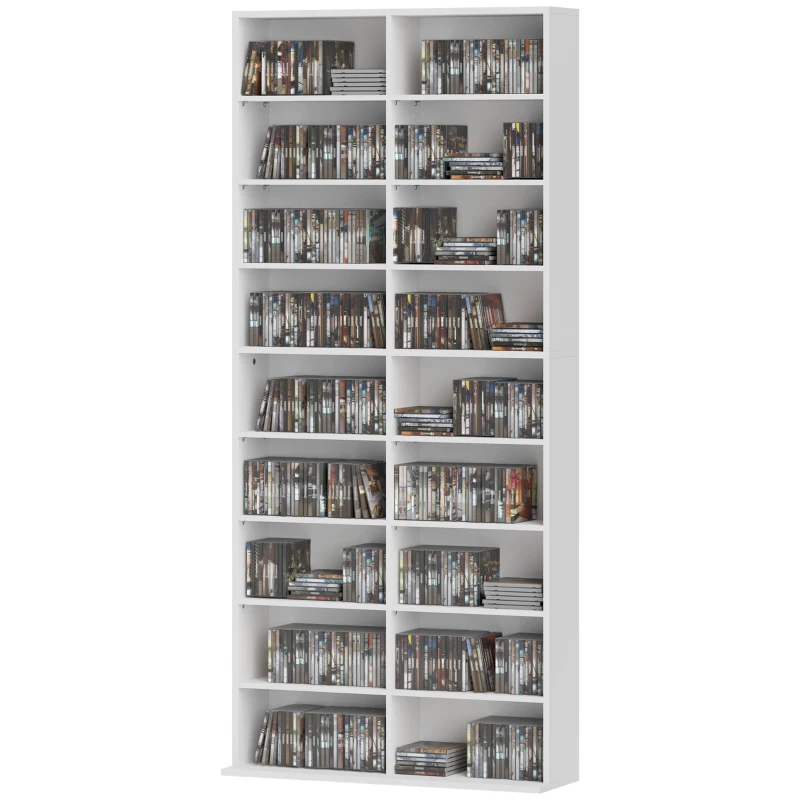 HOMCOM，Raft pentru CD-uri，Cu 14 Rafturi Ajustabile, PAL, 78,5x24x175 cm, Alb