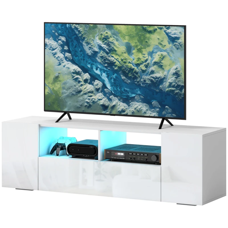 HOMCOM Móvel de TV Banco de TV Móvel para Televisão até 152,4 cm com Luzes LED 2 Prateleiras e Armários Painel de Porta Brilhante 137x35x42 cm Branco