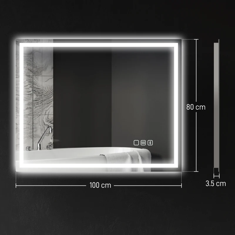 HOMCOM Oglindă de baie anti-aburire cu lumină LED reglabilă, difuzor Bluetooth, butoane tactile, 80x100 cm