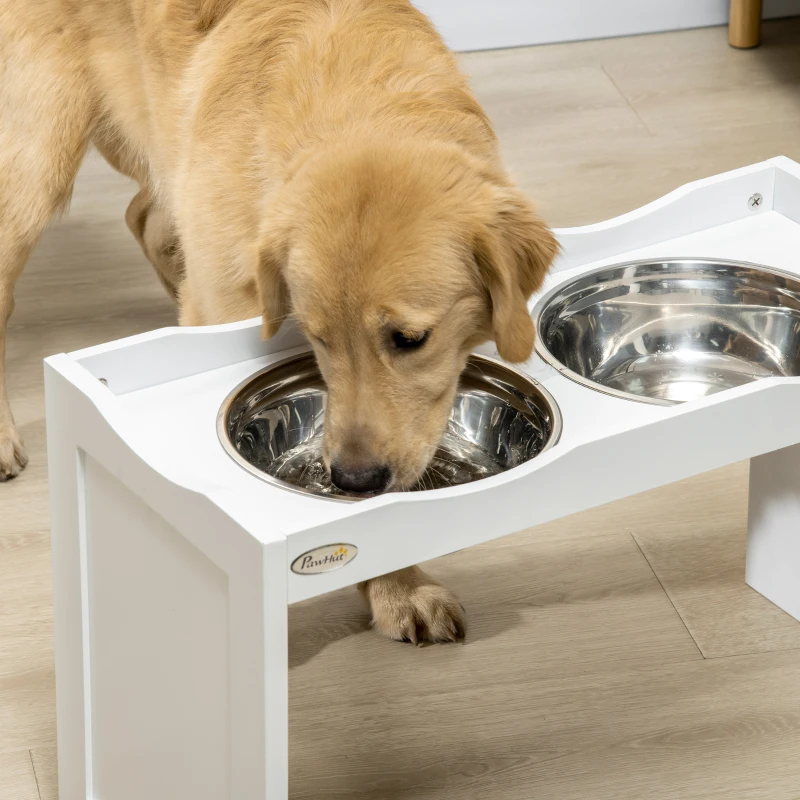 PawHut Estação de Alimentação Suporte para Tigelas 2 Comedouros de 2 L Cada Aço Inoxidável para Cães Grandes 63x30x24 cm Branco