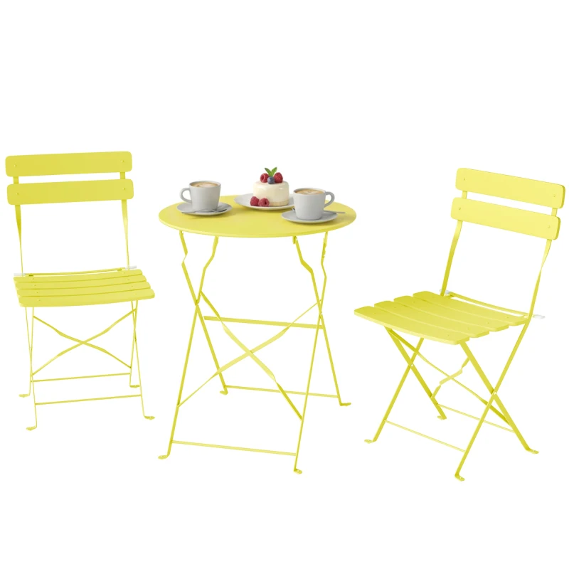Outsunny 3-teiliges Garten Bistro Set Klappbar Bistrotisch mit 2 Stühlen Lamellen-Sitz Doppelt X-Beine Gelb