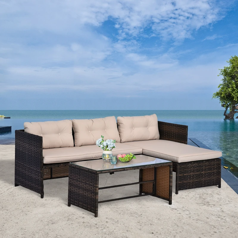 Outsunny Ensemble Salon de Jardin 2 pièces canapé d'angle 4 Places + Table Basse Plateau Verre trempé + 5 Coussins résine tressée Brun
